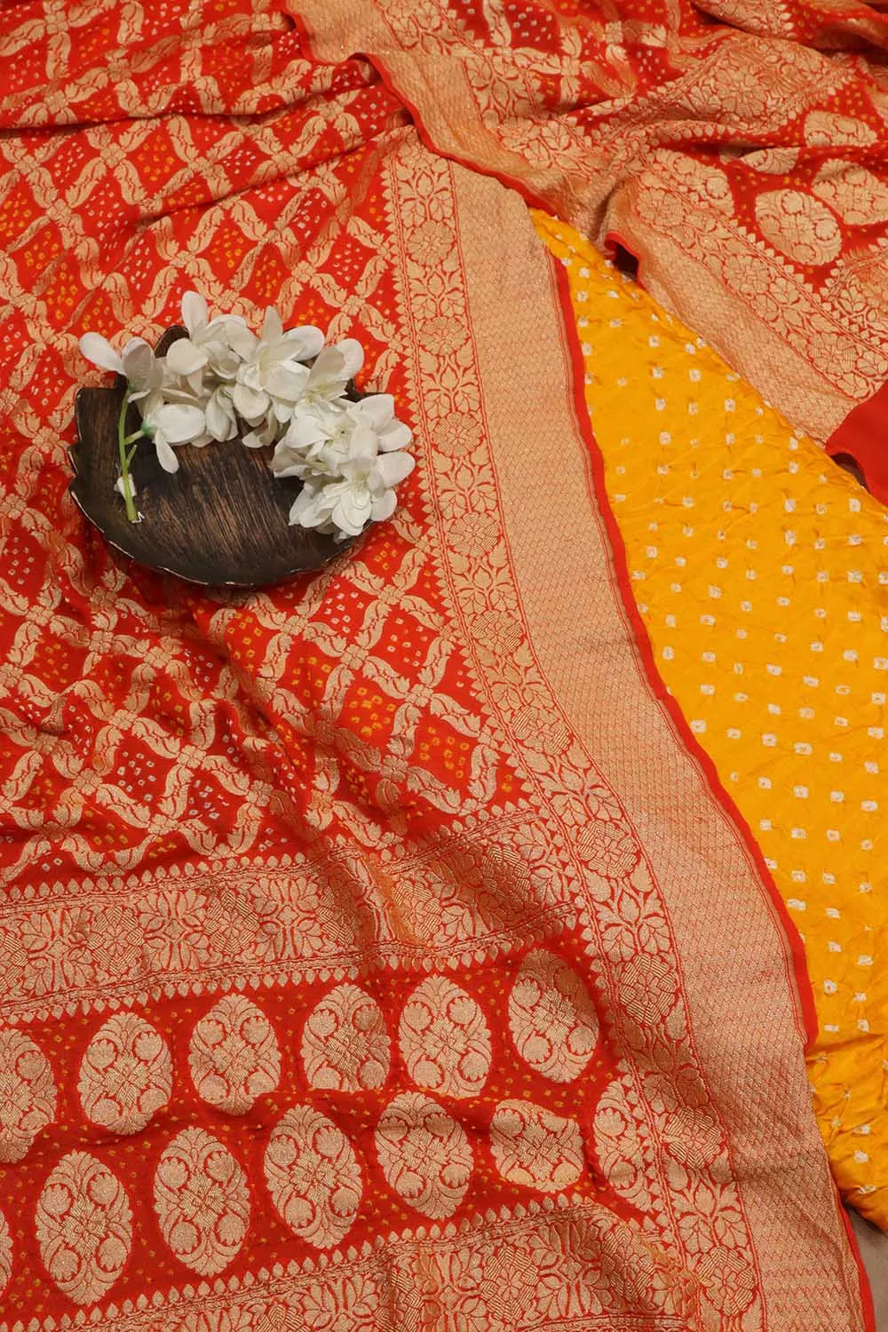 Yellow Bandhani Gajji Silk Suit With Orange Banarasi Bandhani Pure Georgette Dupatta