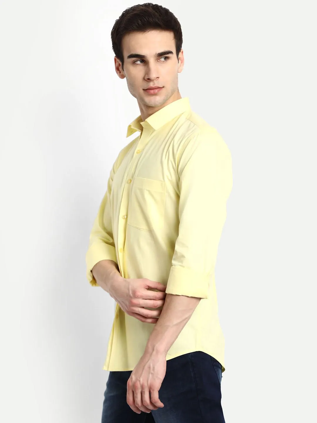Yellow Color Satin Mecerised Cotton Shirt For Men