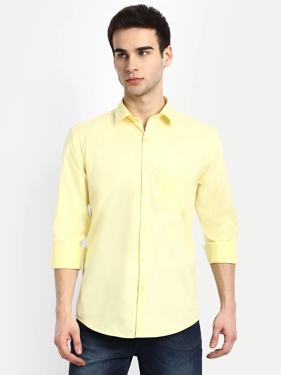 Yellow Color Satin Mecerised Cotton Shirt For Men