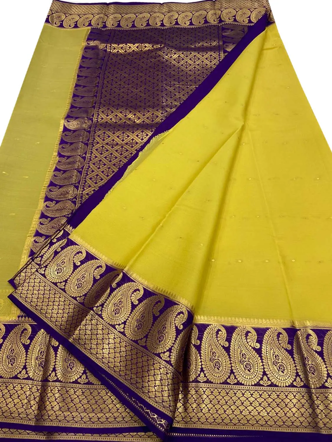Yellow Mysore Handloom Pure Crepe Silk Saree - Elegant and Luxurious